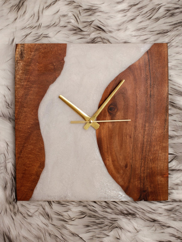 Moon Mist Wood And Epoxy Wall Clock (Square) - Silken